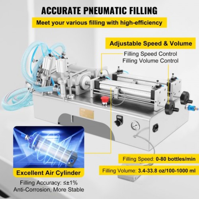 VEVOR Πνευματική Μηχανή Γεμίσματος Υγρών 100-1000ml με Δύο Ακροφύσια για Χυμούς  STWSYTGZJ00000001V2