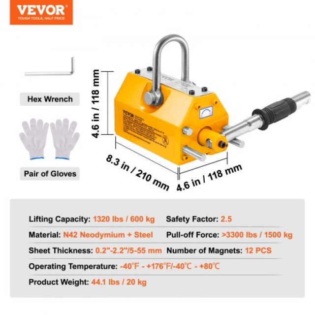 Μαγνητικός Ανυψωτήρας VEVOR 600kg, Μόνιμος Μαγνήτης για Γερανό  YCXPU600KGN421P5PV0