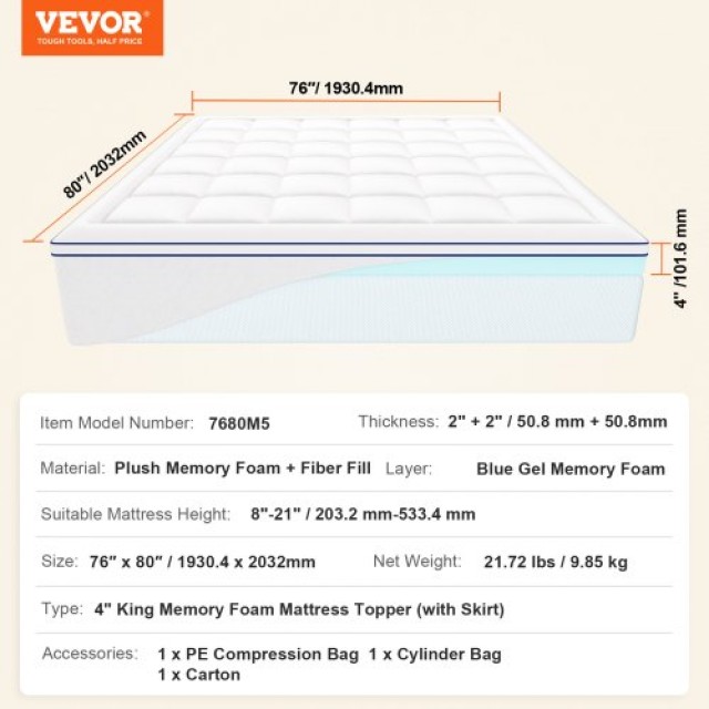 VEVOR  Επίστρωμα Στρώματος Premium Memory Foam King 101.6 mm DHYCDZ7680INM5WOQV0