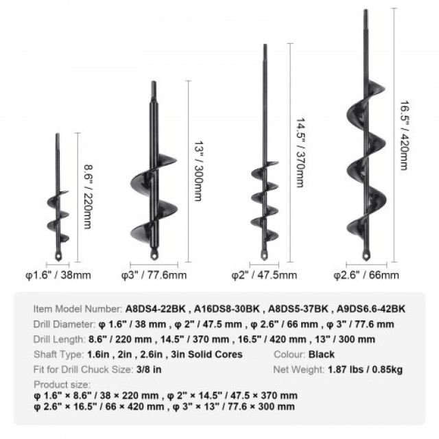 Σετ Τρυπάνια Φυτεύματος VEVOR (4 τεμ.), Σπειροειδές Τρυπάνι Κήπου για Φύτευση & Τρύπες, για Δράπανο 3/8 Hex  LXZTHS16IN3IKKT4FV0