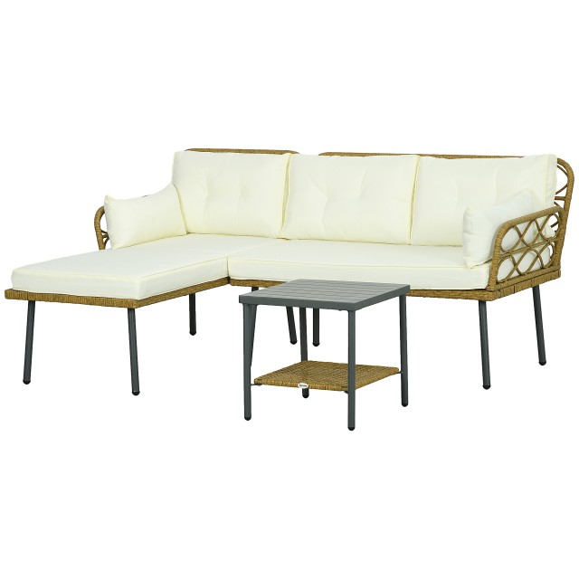 PE Rattan Garden Lounge με σεζλόνγκ, 2θέσιο καναπέ και τραπεζάκι σαλονιού, κρέμα