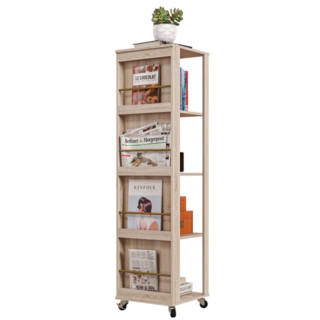 Βιβλιοθήκη HOMCOM Modern Magazine Rack με 4 Ξύλινα Ράφια σε Ρόδες, 40x40x150cm, Δρυς