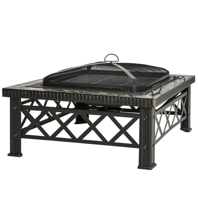 Outsunny Garden Fire Pit με καπάκι σπινθήρα και μεταλλική ψησταριά 76x76x47cm Μαύρο 842-170