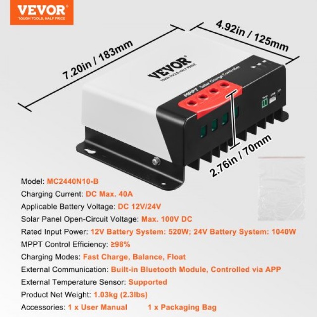 VEVOR 40A MPPT Ηλιακός Ρυθμιστής Φόρτισης με Bluetooth για Μπαταρίες 12V/24V  DYTYNCDKZQNZLYK1MV9