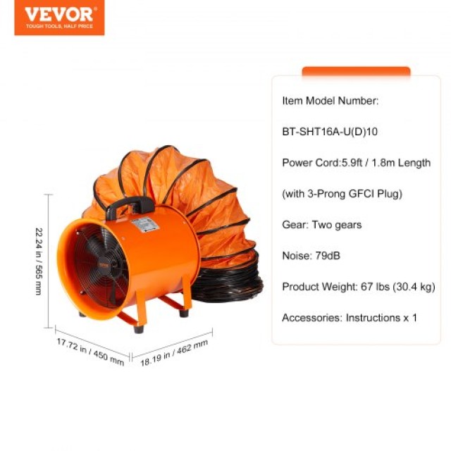 Φορητός Ανεμιστήρας VEVOR 406mm με Σωλήνα 10μ, 900W 5175CFM Βιομηχανικός Φυσητήρας  SSG550W1016INSF6XV2