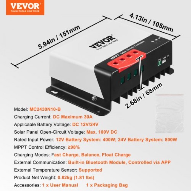 VEVOR 30A MPPT Ηλιακός Ρυθμιστής Φόρτισης με Bluetooth για Μπαταρίες 12V/24V  DYTYNCDKZQNZLQFLPV9