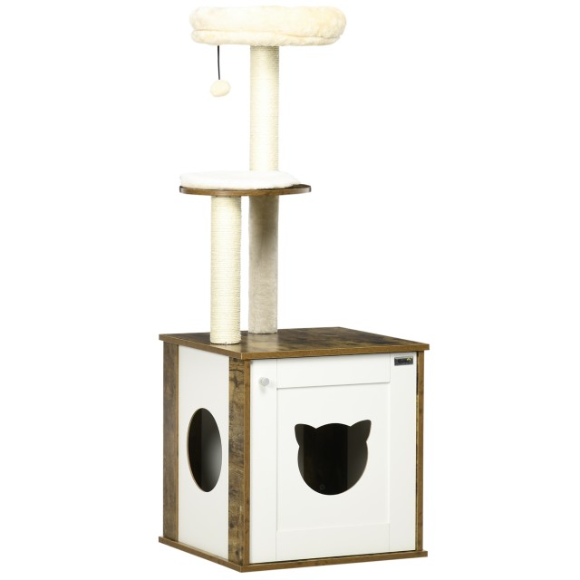 PawHut Cat Scratching Post with Litter Box, Perches and Play Ball, 49x46x131,5 cm, Καφέ D30-590V00RB