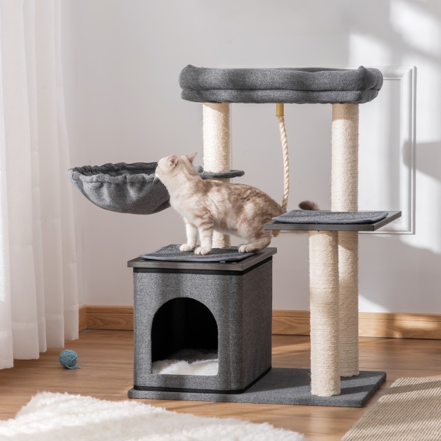 PawHut Cat Scratching Post Tree με κρεβάτι, αιώρα, σπιτάκι και στύλους Sisal, 60x40x83cm, Γκρι D30-447