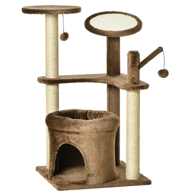 Cat Scratching Post Tree with Sisal Rope κοντάρια Σπίτι και ΜαξιλάριΛούτρινο κάλυμμα Καφέ 48 x 48 x 87 cm PawHut D30-482CF