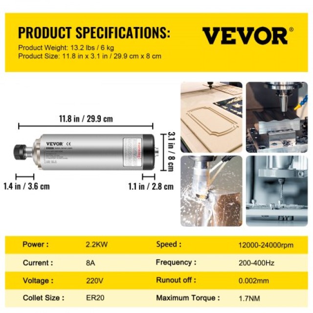 VEVOR 2.2KW Αερόψυκτο Μοτέρ CNC ER20 για Χάραξη/Φρεζάρισμα  2.2KW220VFLDJ0001V0