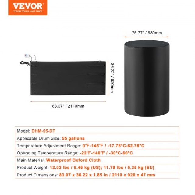 VEVOR Θερμαντήρας Μεταλλικού Δοχείου 55 Γαλ 1300W με Θερμοστάτη  TJRT55JL1300L2AWXV2