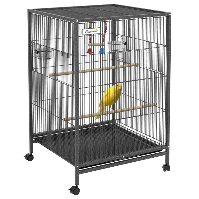 PawHut Bird Cage από ατσάλι και PP με 5 πόρτες, 2 κούρνιες και αφαιρούμενο δίσκο, 48x46x74 cm, γκρι