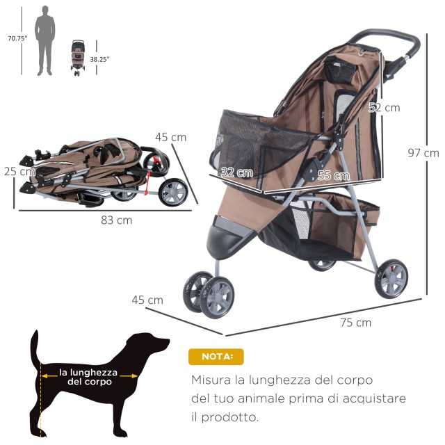 PawHut Dog Stroller Pet Cart, Coffee, 75 x 45 x 97cm