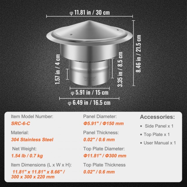 Καπέλο Καμινάδας με Διάμετρο 152.4 mm VEVOR YXYCMYSBXGZDGEH55V0