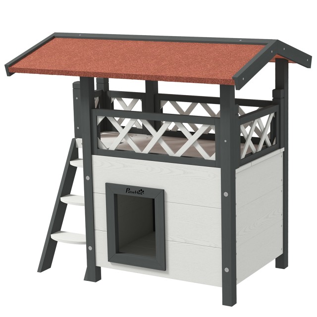 PawHut Outdoor Cat House με Βεράντα και Ξύλινη Σκάλα, 77x50x73cm, Λευκό και Γκρι D30-076V02WT