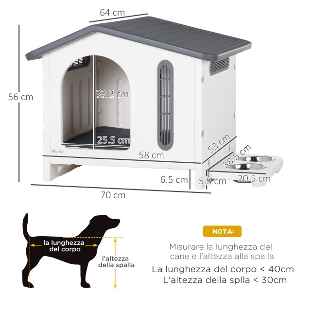 PawHut Raised Dog House με δίσκο για 2 μπολ, παράθυρα και αφρώδες μαξιλάρι, 70x64x56cm, γκρι και λευκό