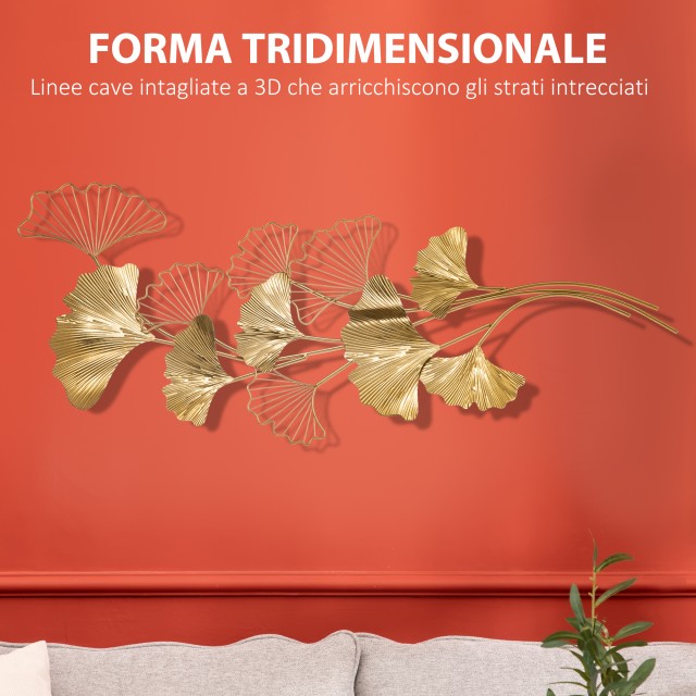 HOMCOM 3D Μεταλλική Διακόσμηση Τοίχου, Golden Ginkgo Leaves Wall Art 138x70cm