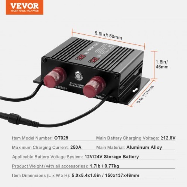 VEVOR Διπλός Απομονωτής Μπαταρίας 12V/24V 250A με Οθόνη LCD  FDCDJDQZJLCD5R75PV9