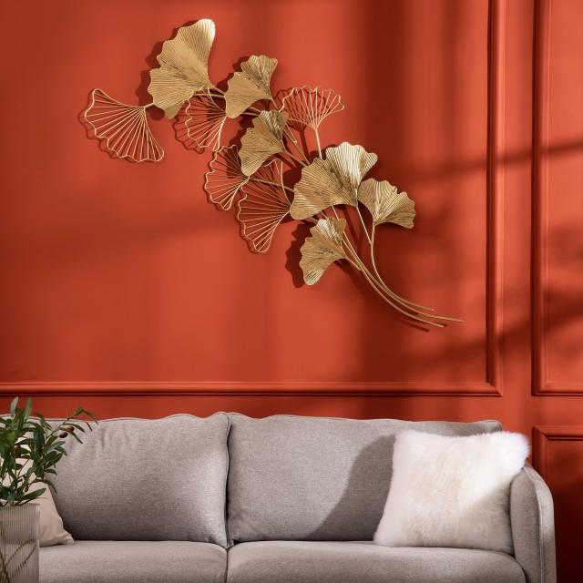 HOMCOM 3D Μεταλλική Διακόσμηση Τοίχου, Golden Ginkgo Leaves Wall Art 138x70cm 830-653V00GD