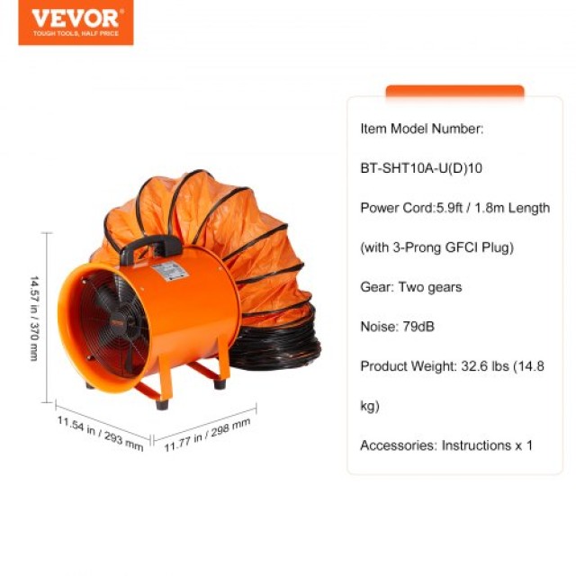 Φορητός Ανεμιστήρας VEVOR 254mm με Σωλήνα 10m, 300W, 1720CFM  SSG230W1010IN06RWV2