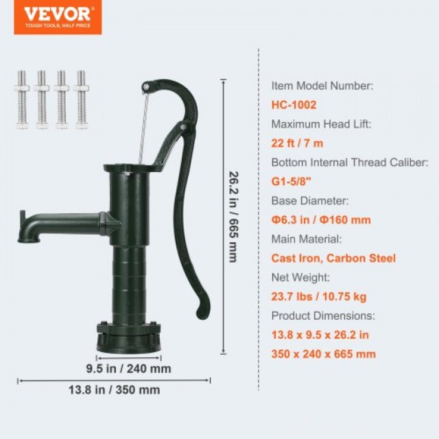 Αντλία Χειρός VEVOR Αντίκα 37x15x66cm Πράσινη για Κήπο  YLSFB1AAUECL03ENEV0