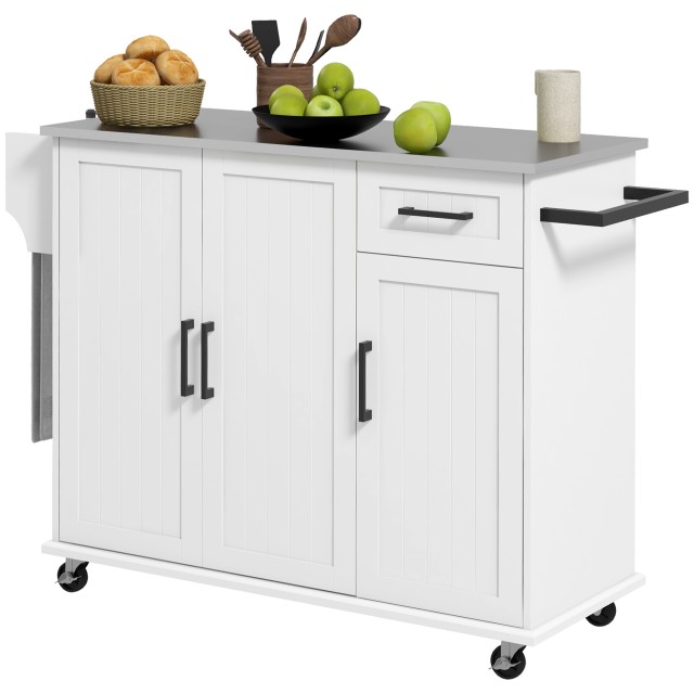 HOMCOM Kitchen Island με συρτάρι, ντουλάπι και 2 ανοιχτά ράφια, από MDF και ανοξείδωτο ατσάλι, 128x45,5x91,5 cm 801-341V80WT