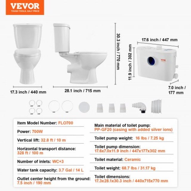 VEVOR  Σύστημα Μακέρασης Τουαλέτας με Αντλία 700W για Υπόγειο ZHSKU00000000000069