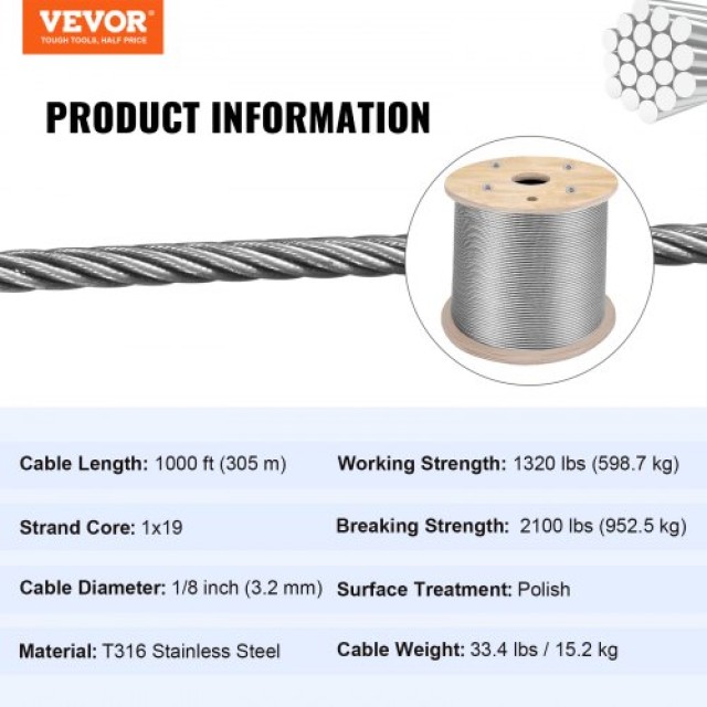 VEVOR Καλώδιο Ανοξείδωτο T316 3.2MM 300M 11.14KN για Κάγκελα  316BXGGSS300M0001V0