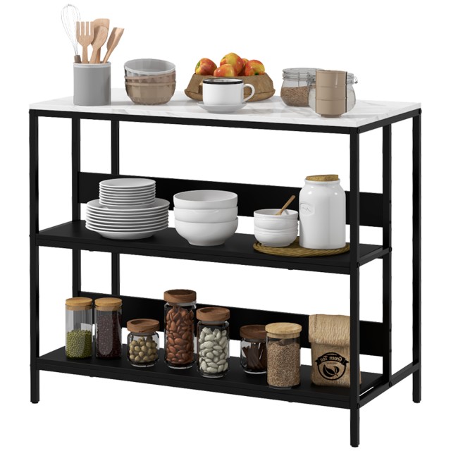 HOMCOM Kitchen Island με ράφια, μαρμάρινο εφέ και μεταλλική κατασκευή, 100x50x90cm, ασπρόμαυρο 801-338V80BK