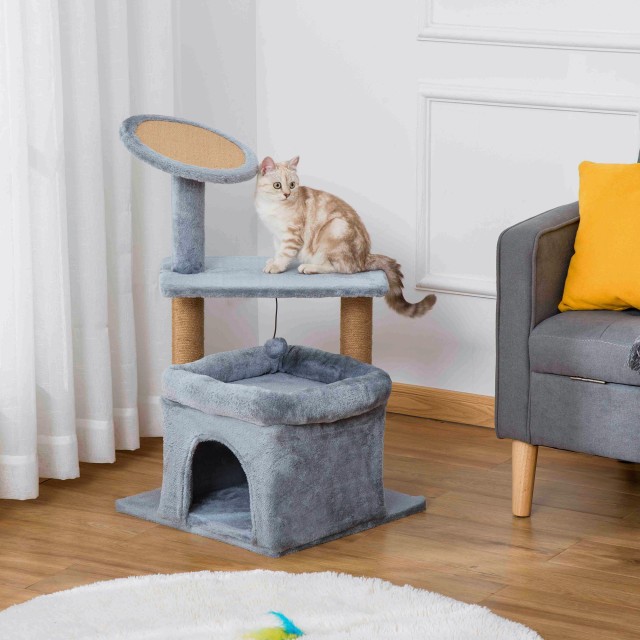 PawHut Cat Scratching Post Tree με κοντάρια από σχοινί γιούτας, σπιτάκι και μαξιλάρι για γάτα, βελούδινο κάλυμμα, ύψος 84 cm - γκρι D30-476