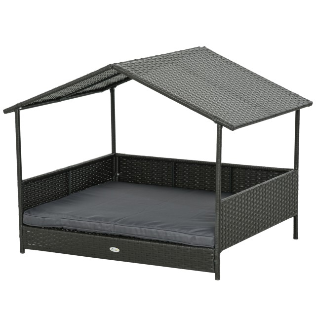 PawHut Raised Dog House με αφαιρούμενο μαξιλάρι, σε PE Rattan and Steel, 117x85x89 cm, Γκρι και Καφέ D02-184V00DR