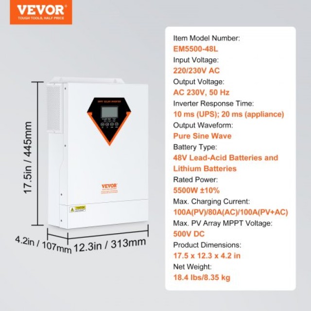 VEVOR Υβριδικός Ηλιακός Αντιστροφέας 5500W 230V με 100A MPPT Ελεγκτή  LWGPNKYTJMPPH2A48V2