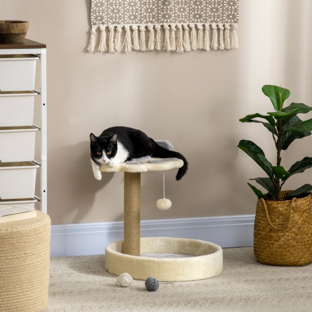 PawHut Scratching Post για γάτες με κρεβάτια, σχοινί γιούτας και βελούδινο, 41x41x44 cm, γκρι και μπεζ D30-603V00LG