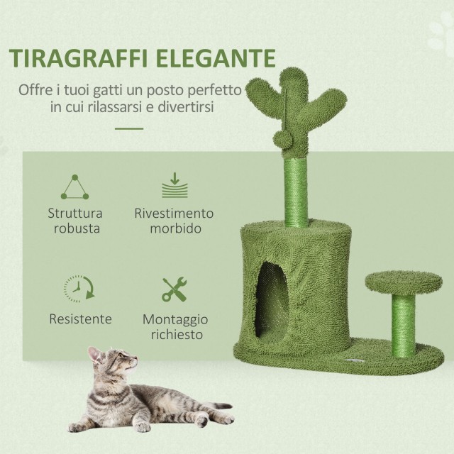 PawHut Cat Scratching Post Tree Έως 4,5 κιλά σε σχήμα Κάκτου με μπάλες και κρεβάτι, 60x35x78cm - Πράσινο