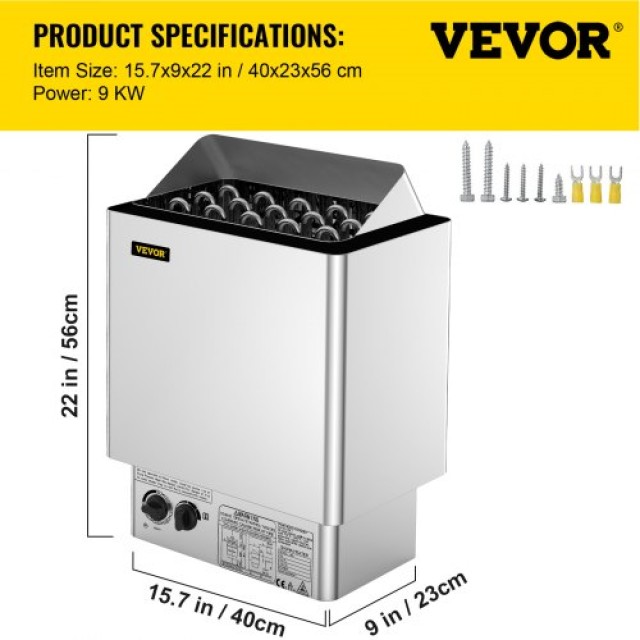 VEVOR 9KW Σάουνα Θερμαντήρας 380V-415V Υγρό&Ξηρό με Ενσωματωμένο Έλεγχο Ανοξείδωτο Ατσάλι  SNL9KWBXG430NK001V9