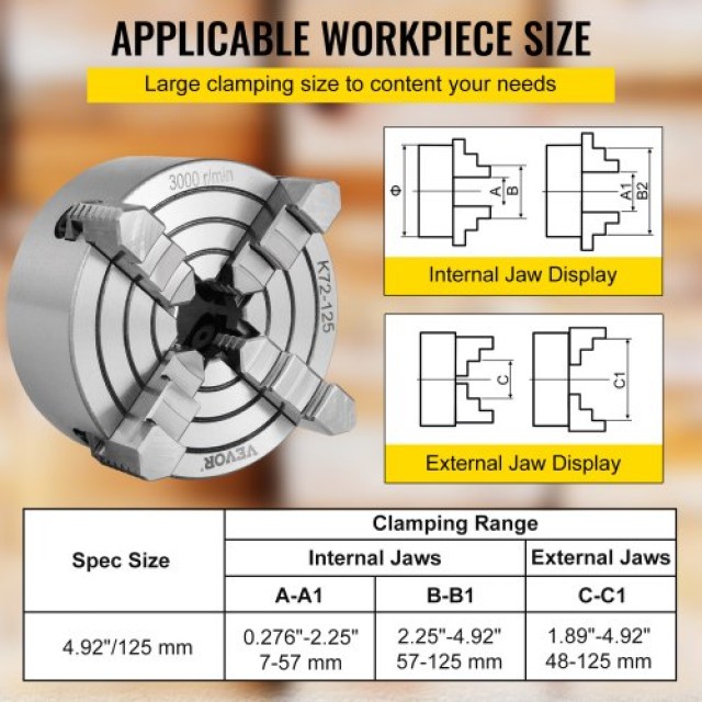 VEVOR K72-125 125MM Τόρνος 4 Σιαγόνες για Μίνι Τόρνο Μετάλλου  KPK72-12500000001V0