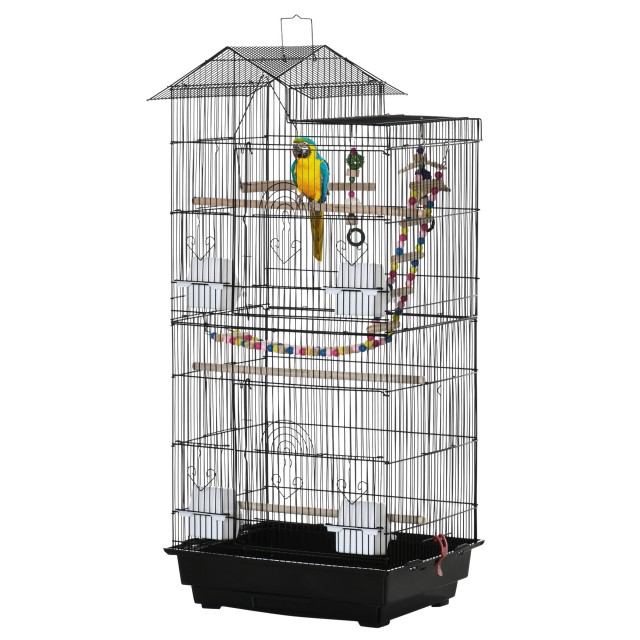 PawHut Bird Cage με σκάλα, κούνια, μπολ και παιχνίδια, σε ατσάλι, PP και ξύλο, 46x36x100 cm, μαύρο D10-081