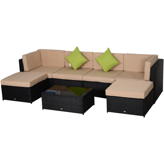 Outsunny Garden Lounge σε PE Rattan 7 τεμαχίων με καναπέ πουφ Τραπεζάκι σαλονιού μαύρο με χακί και πράσινα μαξιλάρια