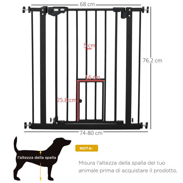 PawHut Dog Gate με Push Fit, Επεκτάσιμη από 74-80cm με Αυτόματο Κλείσιμο, Μαύρο