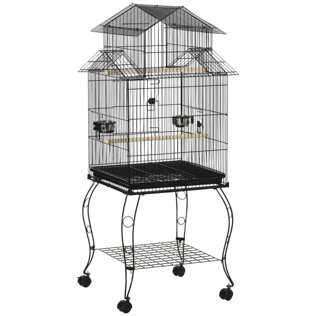 PawHut Indoor Steel and Wood Bird Cage με δίσκο, 4 ρόδες και πέρκα, 50x49x137cm