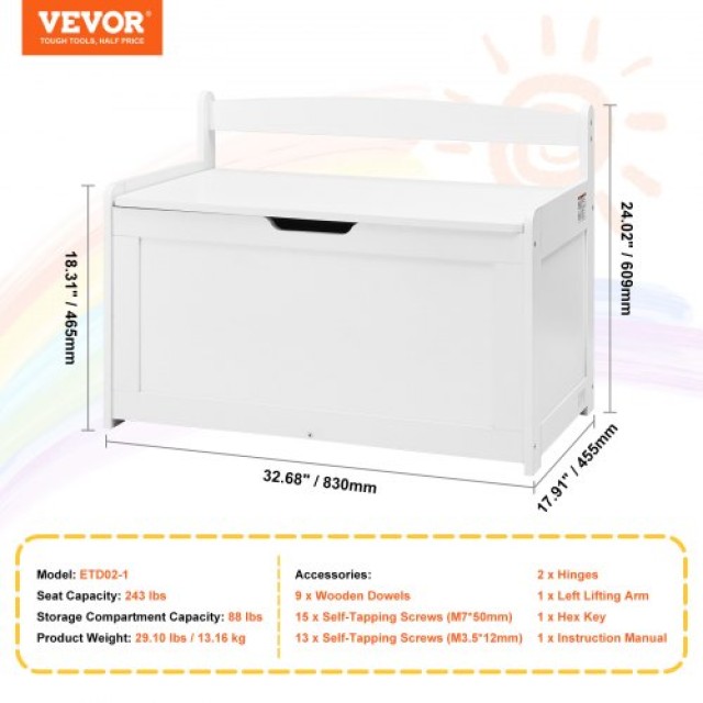 VEVOR  Ξύλινο Παιδικό Κουτί Αποθήκευσης 83x45x61cm Λευκό XTETCWDYHLBC1UNIRV0