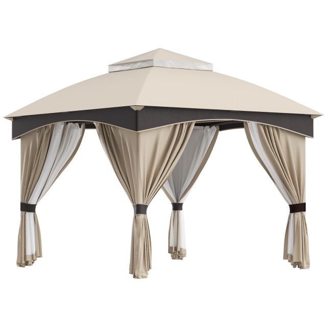 Outsunny 3x3m Steel Garden Gazebo με διπλό κουβούκλιο, πλέγμα και κουρτίνες που περιλαμβάνονται, μπεζ και γκρι