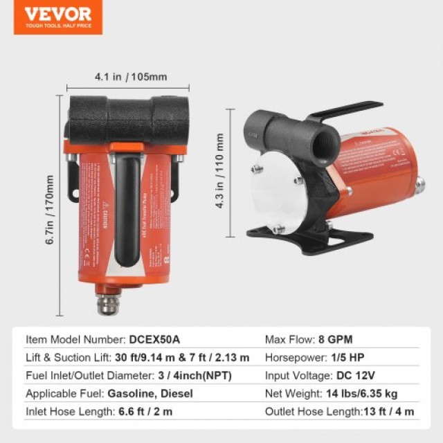 VEVOR  Αντλία Μεταφοράς Καυσίμου 12V 8 GPM 1/5 HP με Αυτόματο Ακροφύσιο Πετρελαίου FBBMG8GPM16H7QUUSV9