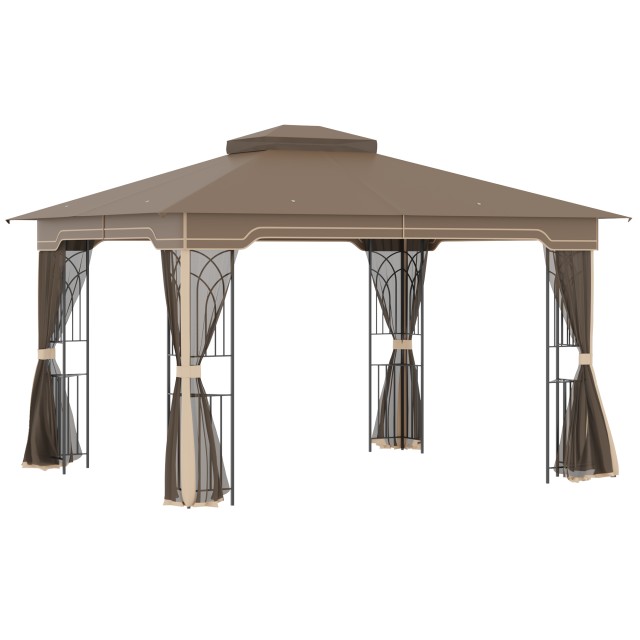 Outsunny Garden Gazebo με κουνουπιέρα, διπλή οροφή, μεταλλική κατασκευή και ράφια, 3,65x3m καφέ και μπεζ 84C-320