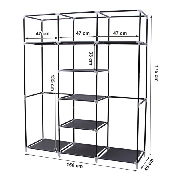 Φορητή Υφασμάτινη Ντουλάπα με Μεταλλικό Σκελετό Χρώματος Μαύρο 150 x 45 x 175 cm Songmics RYG12B - 12 άτοκες δόσεις και 5% cash back