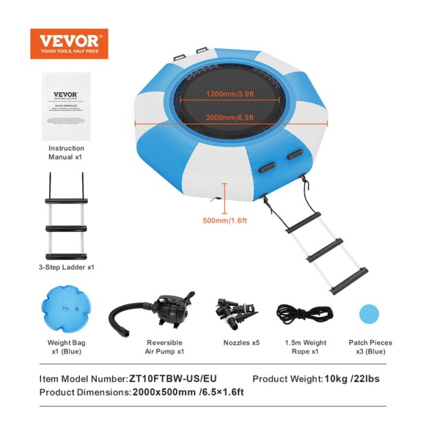 Φουσκωτό Τραμπολίνο Νερού 2000 mm 136 Kg VEVOR BTKSSBCBTK076SQ52V2