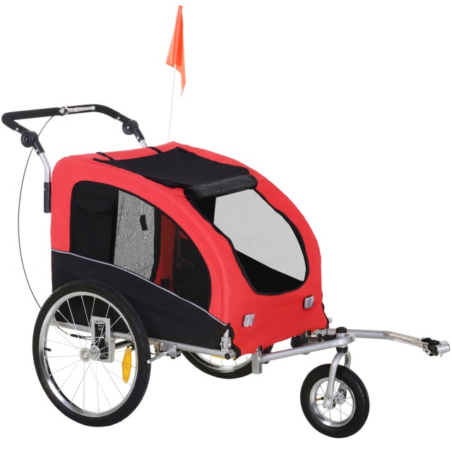 PawHut Bicycle Trailer για σκύλους μεσαίου μεγέθους με 2 εισόδους με παράθυρα και ηλιοροφή, 126-155x83x108 cm, κόκκινο