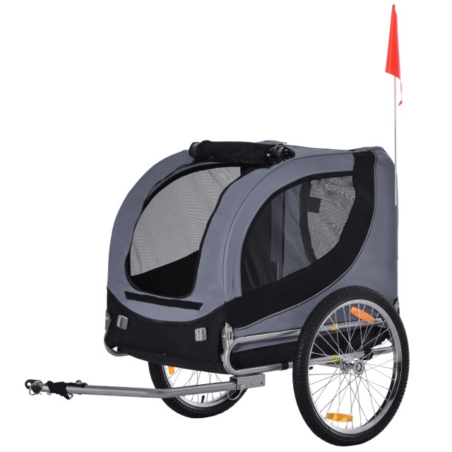 PawHut Bike Trailer για σκύλους μεσαίου μεγέθους με πλαϊνά παράθυρα και σημαία, 130x73x90 cm, γκρι και μαύρο