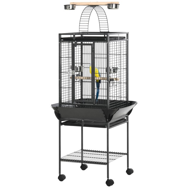 PawHut Budgie Cage with 2 Perches and Arched Ladder, Ατσάλι, 62,5x62,5x156 cm, Γκρι D10-068