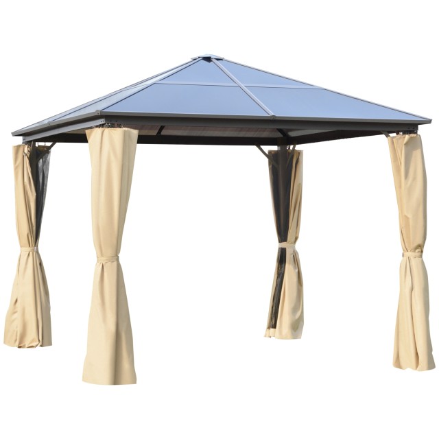 Outsunny Garden Gazebo 2,94x2,94m με πολυανθρακική στέγη και κουνουπιέρες, Caff? και Χακί 84C-347